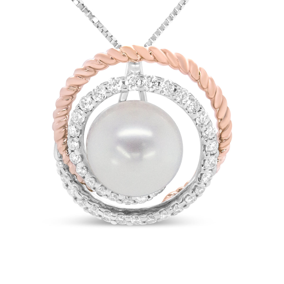 Collar con colgante en oro rosa y blanco de 14K con diamantes pavé de 3/8 Cttw y perla redonda de 9mm con espiral calada de 18" - (Color H-I, Claridad VS1-VS2)