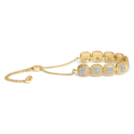 Pulsera Bolo Ajustable de 14 k de Oro Amarillo, Plata Fina .925, Marco Cojín Compuesto de Diamantes de 5/8 Ct, de 4"-10" (Color G-H, Claridad I1-I2)