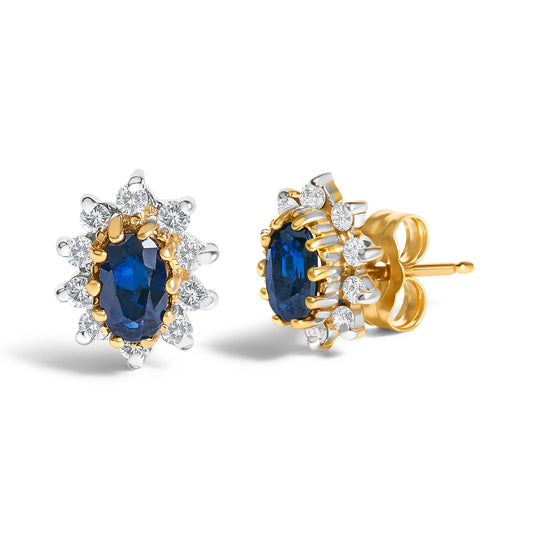 Pendientes de tuerca tipo "Halo" en forma de estallido solar de oro amarillo de 14K con diamantes de 1/4 Cttw y zafiros azules (color K-L, claridad I1-I2)