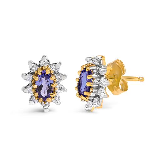 Pendientes de oro amarillo de 14 quilates con halo de diseño de rayos de sol, diamantes de 1/4 Cttw y tanzanitas azul púrpura (color K-L, claridad I1-I2)
