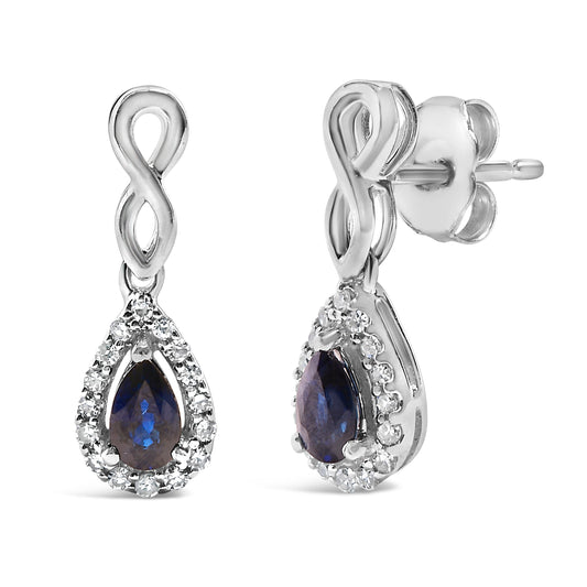 Pendientes colgantes de oro blanco de 10 qt con zafiro azul talla pera y diamantes de 1/7 Cttw (color I-J, claridad I1-I2)
