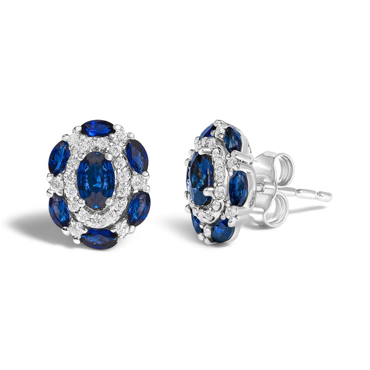Pendientes de estilo vintage de oro blanco de 14K con zafiro azul y diamantes (color G-H, claridad SI2-I1)