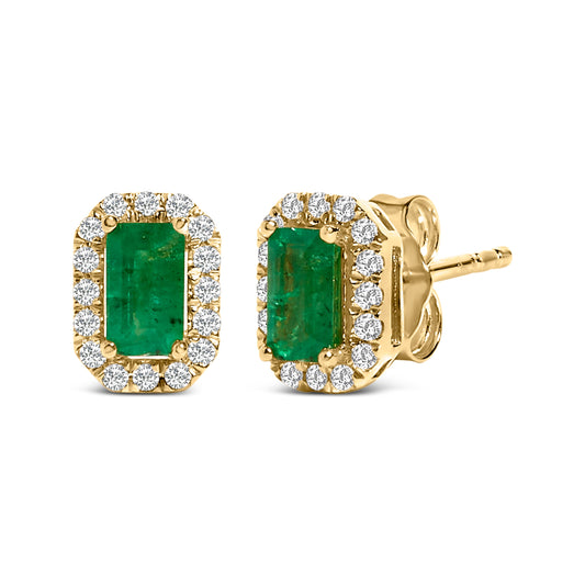 Pendientes de oro amarillo de 14 quilates con esmeralda verde y halo de diamantes de 1/8 Cttw en forma octogonal (Color I-J, Claridad I1-I2)