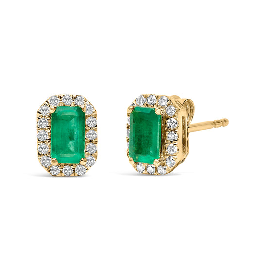 Pendientes de oro amarillo de 10K con halo octogonal de esmeralda verde talla esmeralda de 5x3 mm y diamantes de 1/7 Cttw (color I-J, claridad I1-I2)