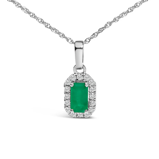Collar con colgante de oro blanco de 10K, esmeralda verde de 5x3mm y halo de diamantes, forma octogonal, 45.72 cm (color I-J, claridad I1-I2)
