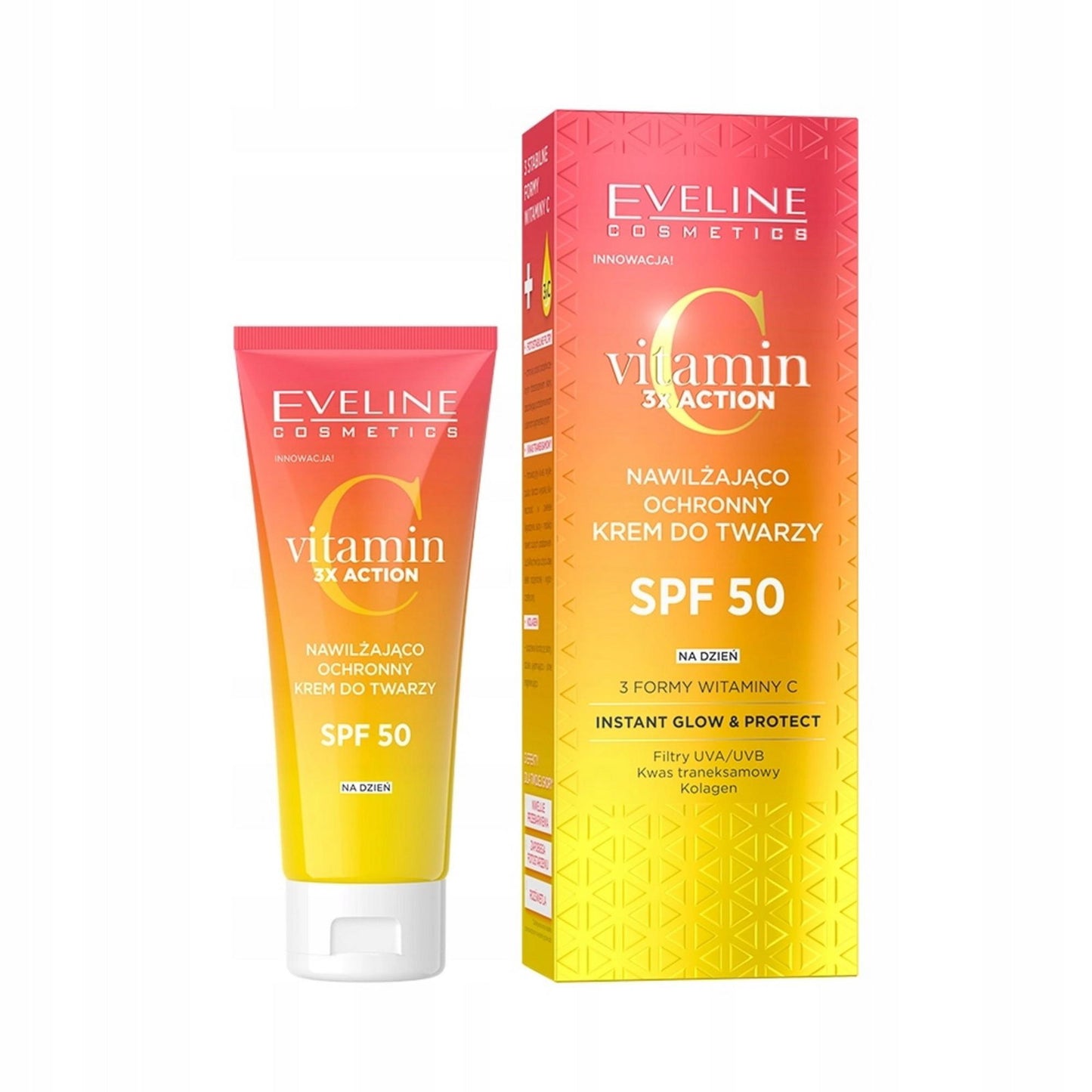 Eveline Cosmetics, Vitamin C 3x Action, Instant Glow & Protect, Day, Cream, Face, SPF 50, 30 ml