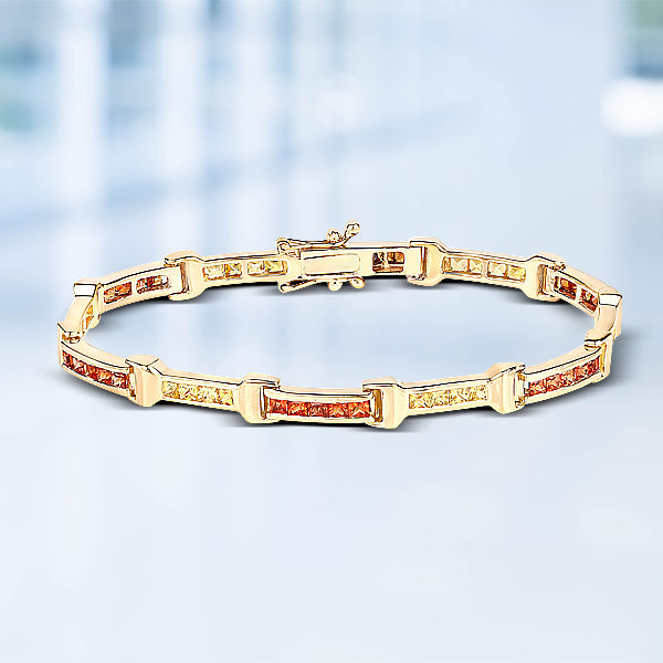 Pulsera de plata de ley .925 con zafiro naranja genuino de 6,48 quilates y zafiro amarillo