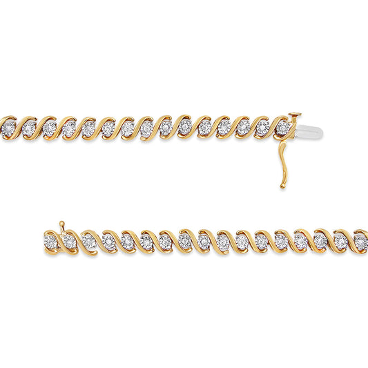 Pulsera de tenis de oro amarillo de 14 quilates chapado en plata de ley .925 con diamantes redondos de 1/2 quilate engarzados en milagro, en forma de S (color I-J, claridad I3) - 7"