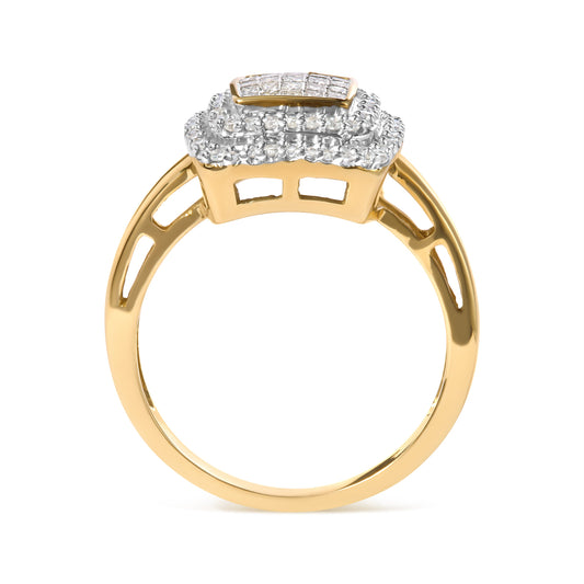 Anillo en oro amarillo de 10 qt con cabeza compuesta de diamantes redondos y talla princesa de 1/2 quilate en total y halo (color H-I, claridad SI1-SI2) - Talla 7