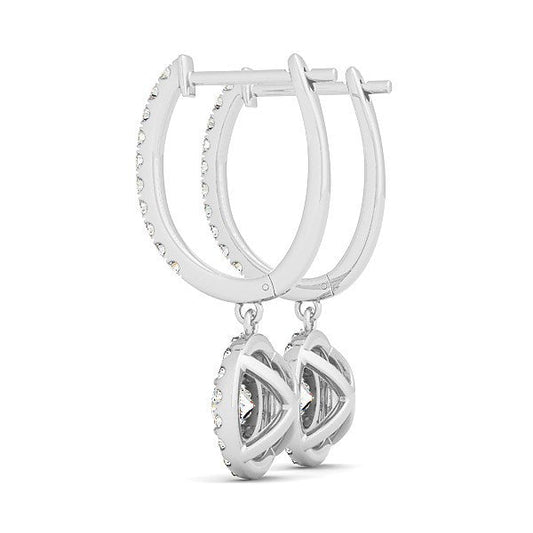 Pendientes colgantes de diamantes redondos de doble halo de oro blanco de 14 quilates (1 quilate total)