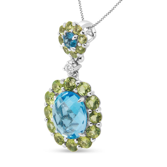 Collar con colgante de oro blanco de 18k con halo de diamantes redondos de 0.05 Cttw, topacio azul y peridoto verde de 45.72 cm (color F-G, claridad VS1-VS2)