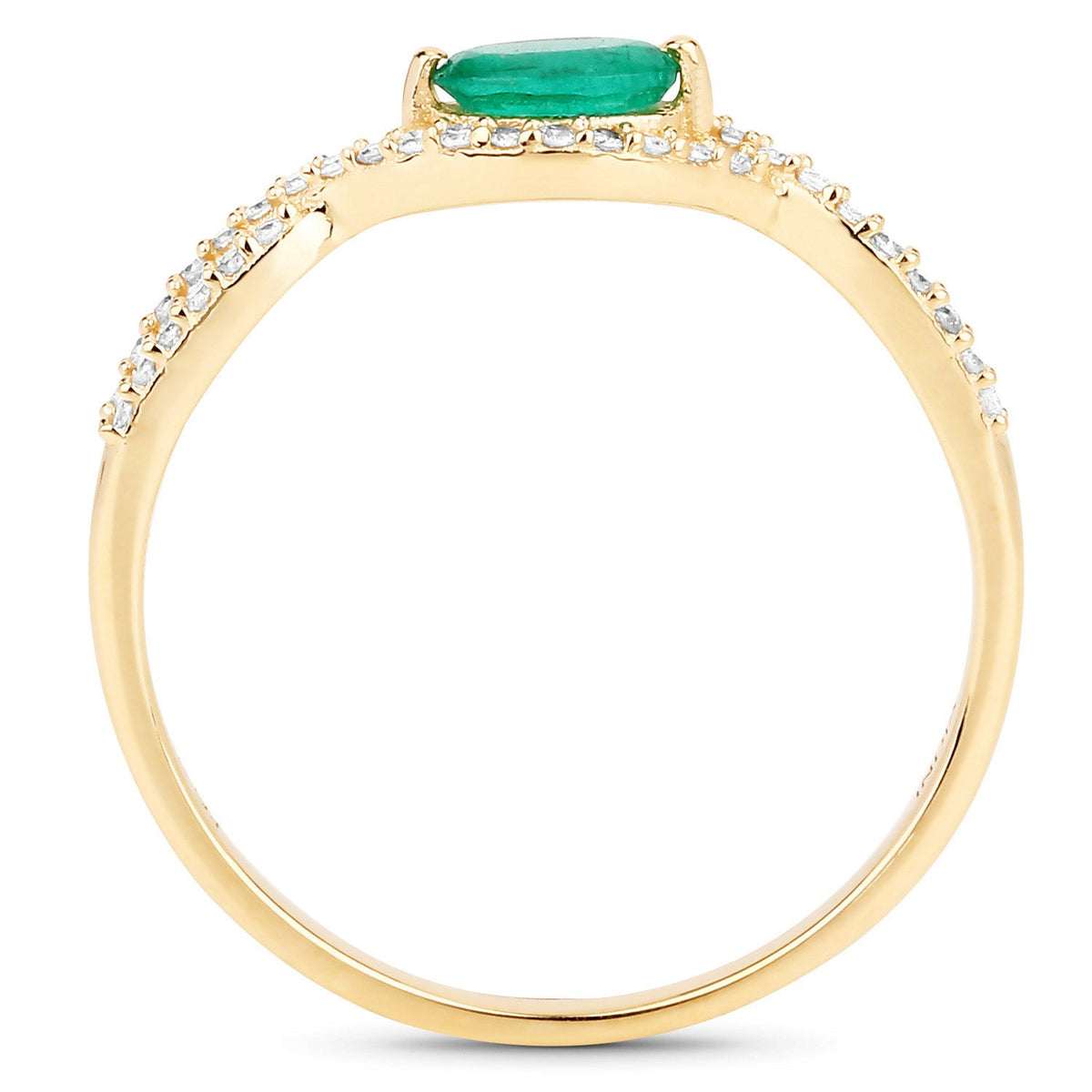 Anillo de oro amarillo de 14 quilates con esmeralda zambiana auténtica de 0,32 quilates y diamante blanco