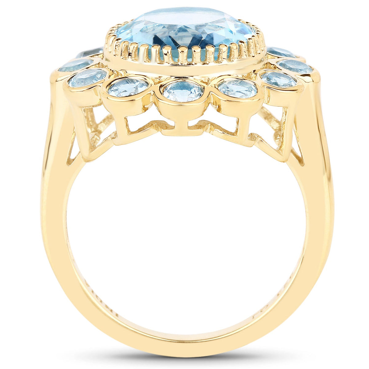 Anillo de plata de ley 925 chapado en oro amarillo de 14 quilates con topacio azul genuino de 6,59 quilates