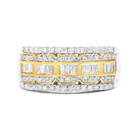 Anillo de oro blanco y amarillo de 10K con diamantes baguette y de talla redonda de 1,00 quilates, estilo Art Déco, multihilera (color I-J, claridad I1-I2) - Talla 7