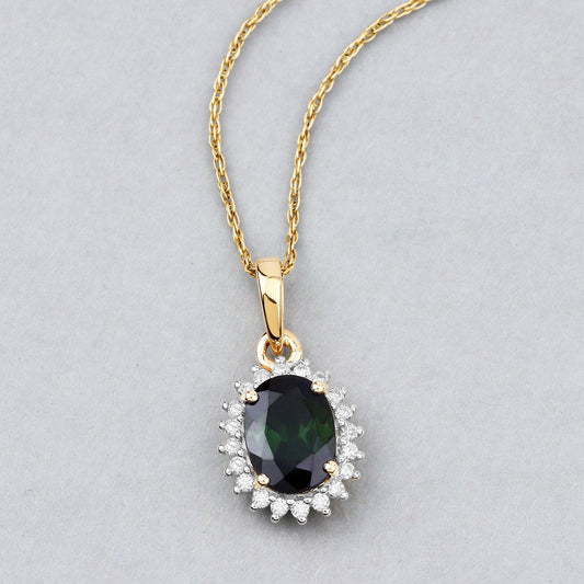 1.39 Carat Genuine Green Tourmaline and White Diamond 14K Yellow Gold Pendant