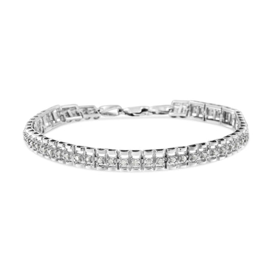 Pulsera tenis de doble eslabón de plata de ley .925 con diamantes de talla rosa de 1,0 Cttw y 7" (color I-J, claridad I3)