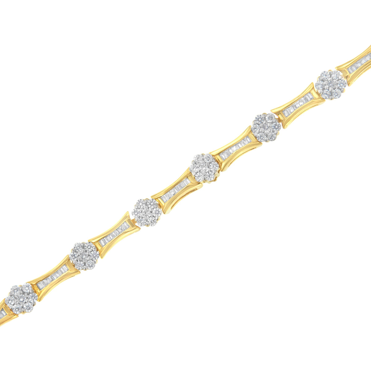 10K Yellow and White Gold 2.00 cttw Round and Baguette-Cut Diamond Link Bracelet (I-J Color, I2-I3 Clarity) - Size 7.25"