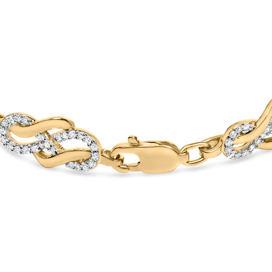 Pulsera de eslabones de bucle infinito y remolino de plata de ley .925 chapada en oro amarillo de 14 quilates con diamantes de 1,0 quilates