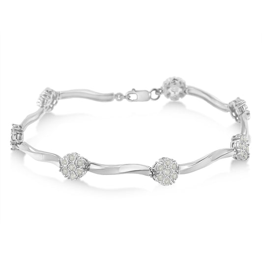 Pulsera de tenis de plata esterlina .925 con diseño de estación de diamantes en racimo de 1,0 Cttw con engaste milagroso y barra trenzada de 17,78 cm (color H-I, claridad I1-I2)