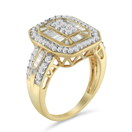 Anillo de cóctel de oro amarillo de 10 qt con diamantes de 1,0 quilates, inspiración vintage, corte baguette, doble halo y forma de esmeralda (color I-J, claridad I1-I2) - Talla 6-1/2