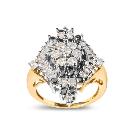 Anillo de oro amarillo de 10K con racimo de diamantes redondos y de talla baguette de 1 quilate de peso total y halo de rombos (color H-I, claridad I1-I2) - Talla 7