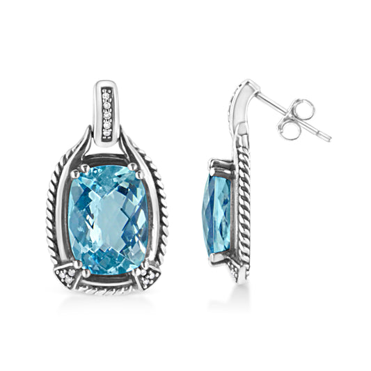 Pendientes colgantes de plata de ley .925 con gema de topacio azul de talla cojín de 14x10 mm y acento de diamante (color I-J, claridad I1-I2)