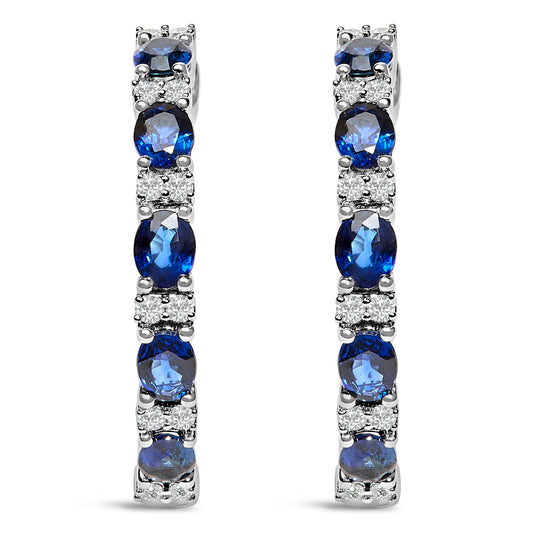 Pendientes de aro alternos de oro blanco de 14 quilates con zafiro azul ovalado de 4x3 mm y diamante de 1/4 Cttw (color I-J, claridad SI2-I1)