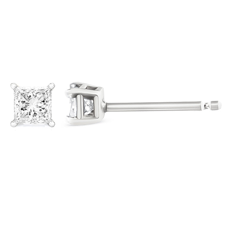 Pendientes de oro blanco de 14 quilates con diamantes de talla princesa de 1,00 quilates, casi incoloros, clásicos, con 4 garras (color G-H, claridad SI1-SI2)