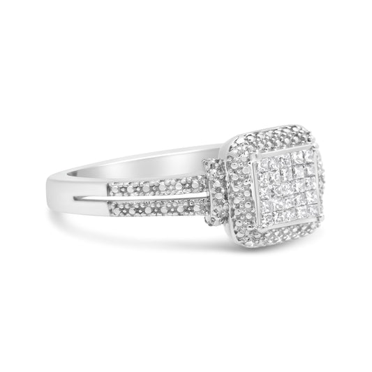 Anillo de plata de ley .925 con diamante de talla princesa de 1/4 Cttw y halo de cuentas (color H-I, claridad SI1-SI2) - Talla 7