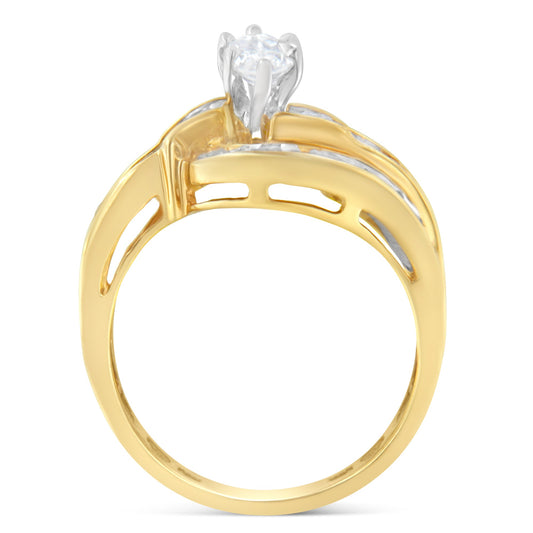 Anillo de oro bicolor de 14 K con diamantes talla marquesa, baguette y redonda (1 qt total, color H-I, claridad SI1-SI2) (Talla 7)