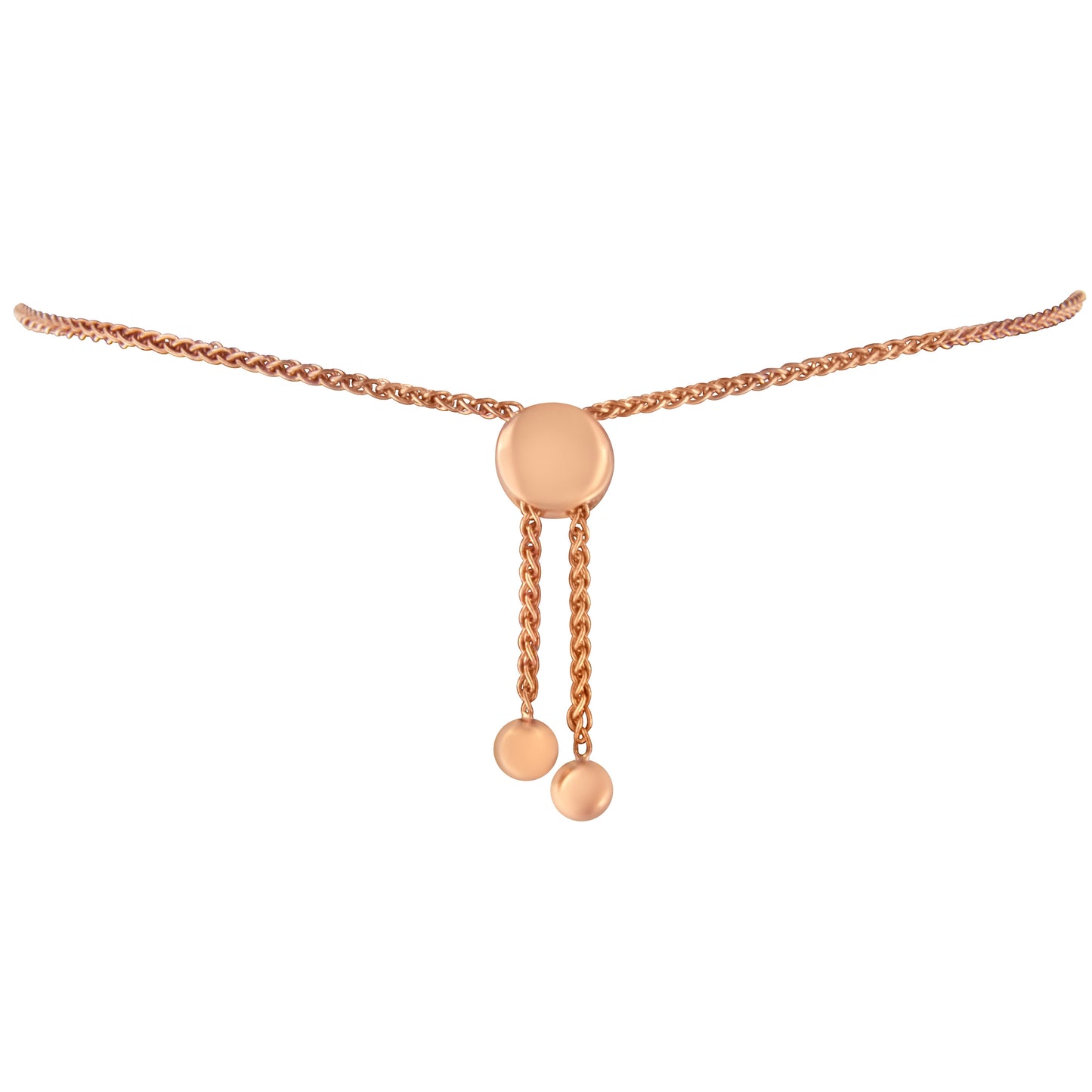 Pulsera ajustable tipo bolo de 15 a 25 cm con eslabones de círculo y corazón con acentos de diamante en plata de ley .925 bañada en oro rosa de 14 quilates