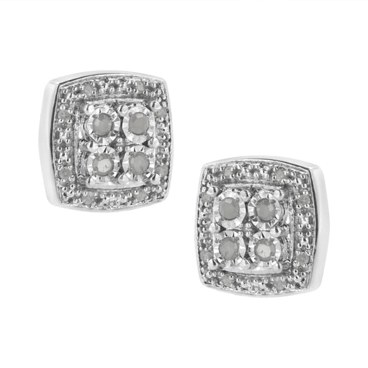 Pendientes de botón de plata de ley 925 con diseño cuadrado de diamantes de talla redonda de 0,25 ct. y milgrain (color I-J, claridad I3)