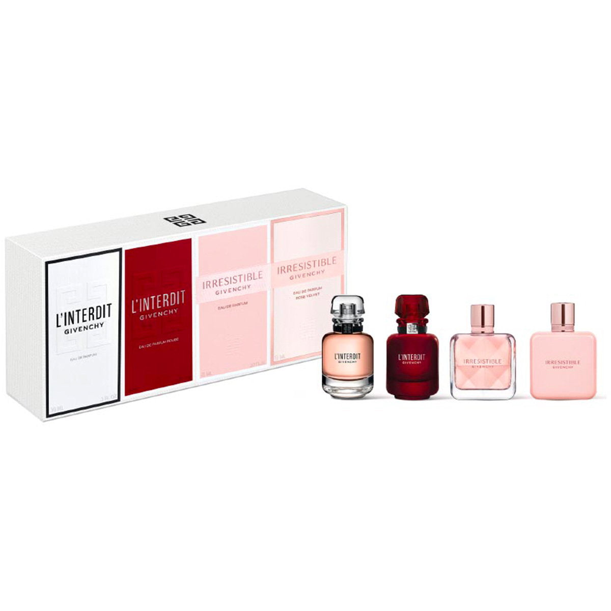 Set Givenchy: L'Interdit, Eau De Parfum, For Women, 10 ml *Miniature + L' Interdit Rouge, Eau De Parfum, For Women, 10 ml *Miniature + Irresistible, Eau De Parfum, For Women, 8 ml *Miniature + Irresistible Rose Velvet, Eau De Parfum, For Women, 8 ml *M...