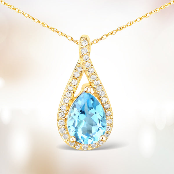 Colgante de topacio azul suizo auténtico de 0,89 quilates y diamante blanco en oro amarillo de 14 quilates