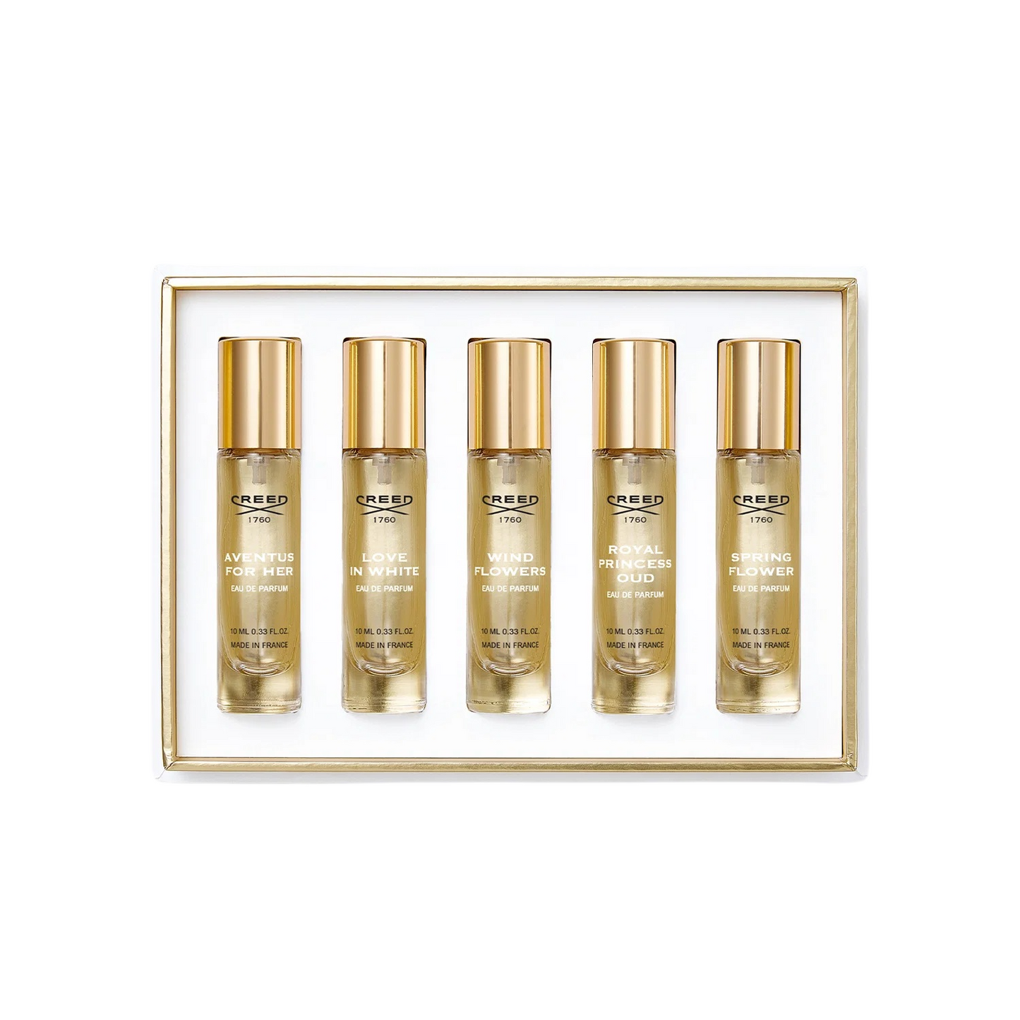 Set Creed: Aventus, Eau De Parfum, For Women, 10 ml + Love in White, Eau De Parfum, For Women, 10 ml + Wind Flowers, Eau De Parfum, For Women, 10 ml + Royal Princess Oud, Eau De Parfum, For Women, 10 ml + Spring Flower, Eau De Parfum, For Women, 10 ml