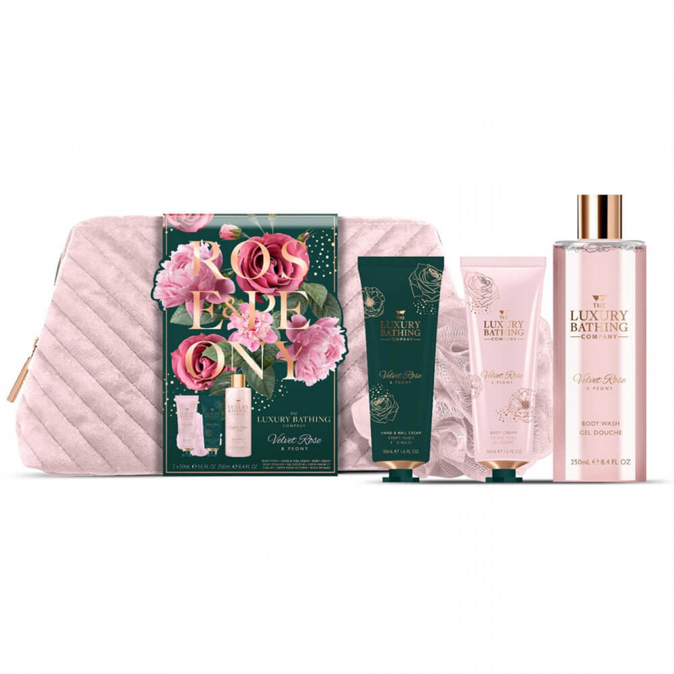 Set The Luxury Bathing Company: Velvet Rose & Peony, Cleansing & Refreshing, Shower Gel, For All Skin Types, 250 ml + Velvet Rose & Peony, Moisturizing, Hand Cream, 50 ml + The Luxury Bathing Company, Cleanse & Scrub, Body Sponge + The Luxury Bathing C...