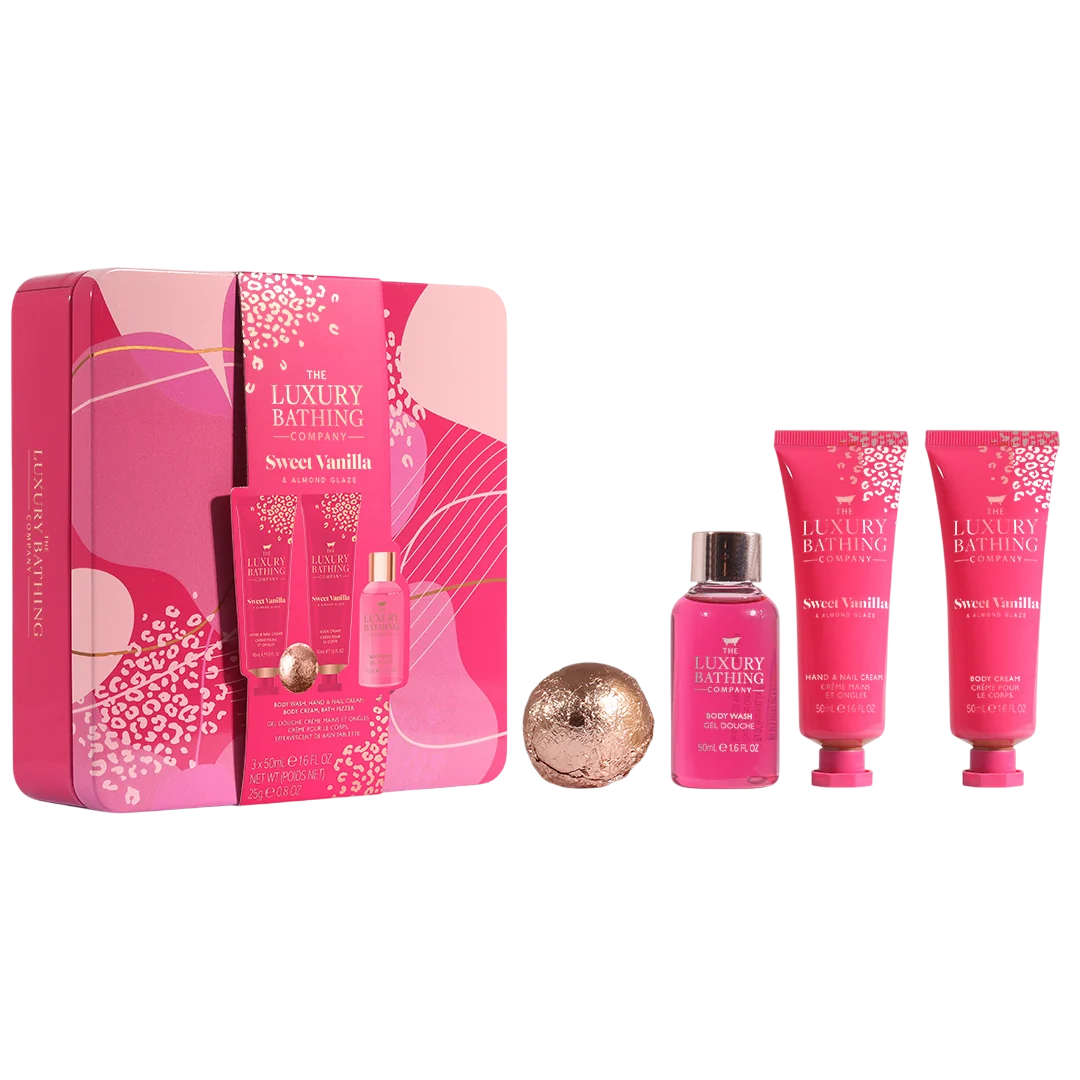 Set The Luxury Bathing Company: Sweet Vanilla & Almond Glaze, Cleansing & Refreshing, Shower Gel, For All Skin Types, 50 ml + Sweet Vanilla & Almond Glaze, Bath Bomb, 25 g + Sweet Vanilla & Almond Glaze, Hydrating & Softening, Body Cream, Daily, 50 ml ...