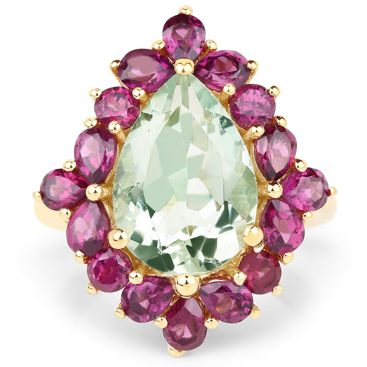 Anillo de plata de ley .925 chapado en oro amarillo de 14K con amatista verde y rodolita naturales de 7.21 quilates