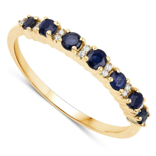Anillo de oro amarillo de 14K con zafiro azul genuino de 0,43 quilates y diamantes blancos
