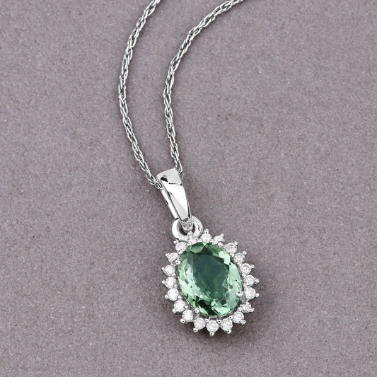 Colgante de oro blanco de 14 quilates con turmalina verde genuina de 1,39 quilates y diamantes blancos