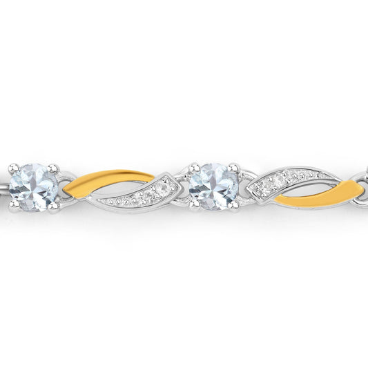 Pulsera de Plata de Ley .925 con Aguamarina Genuina de 0,74 Quilates y Zafiro Blanco