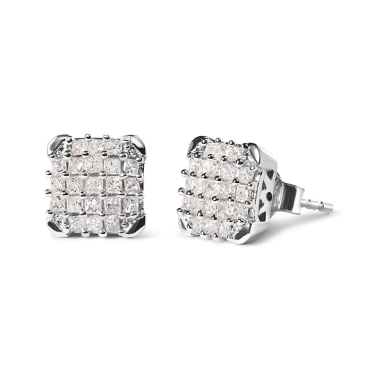 Pendientes de tuerca de oro blanco de 10K con forma de princesa de 3/4 Cttw (Color I-J, Claridad I1-I2)