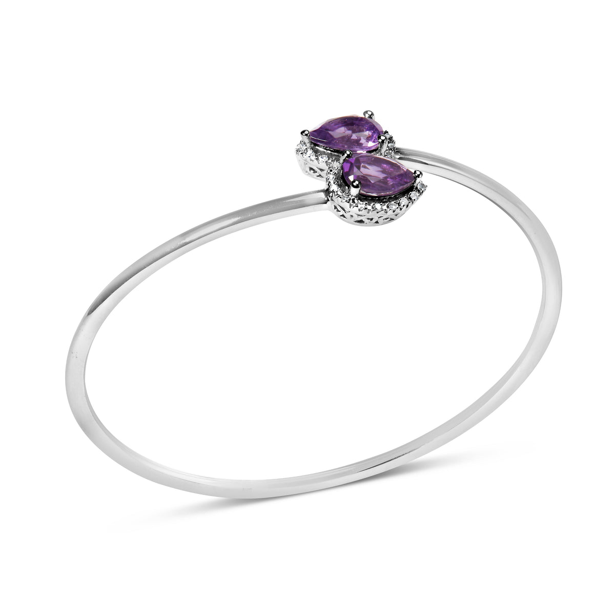 .925 Sterling Silver 8 x 5.5mm Pear Shape Amethyst and Diamond Accent Halo Bypass Bangle Bracelet (H-I Color, SI1-SI2 Clarity) - Fits up to 7" Inches