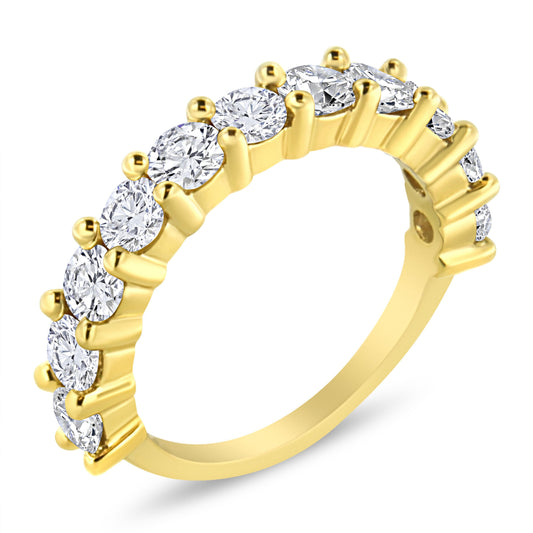 Anillo de banda de 11 piedras de plata de ley .925 chapada en oro amarillo de 14 quilates con diamantes redondos de 2,00 quilates en engaste de garras compartidas (color J-K, claridad I1-I2) - Talla 7