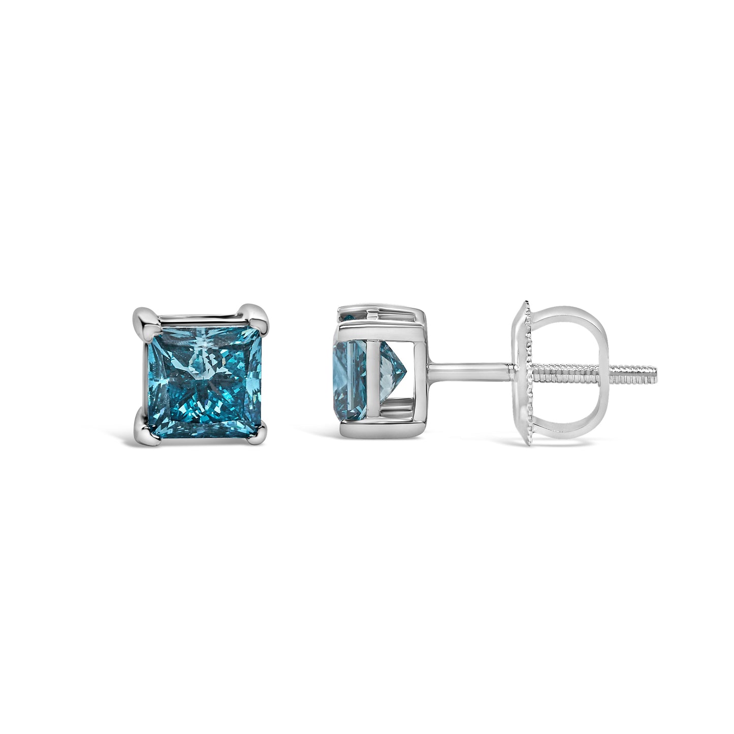 14K White Gold 1.0 Cttw Princess Cut Lab Grown Blue Diamond Solitaire Stud Earrings - view 3