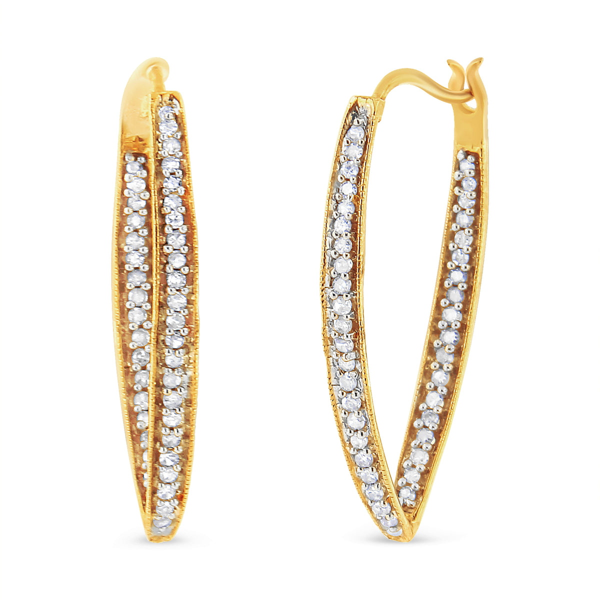 Pendientes de aro modernos de oro amarillo de 10 qt con diamantes redondos de 1/2 TCW (color I-J, claridad I2-I3)