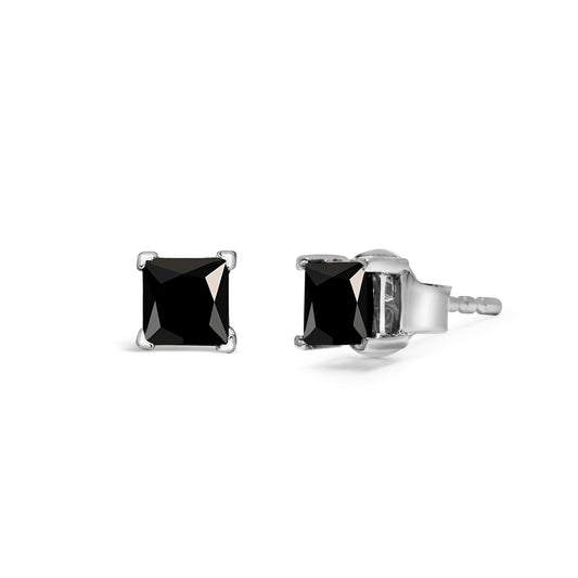 Aretes clásicos de oro blanco de 14 quilates con diamantes negros tratados de corte princesa de 1/2 quilate de peso total, engaste de 4 puntas y broche de presión (color de fantasía mejorado, claridad I2-I3)