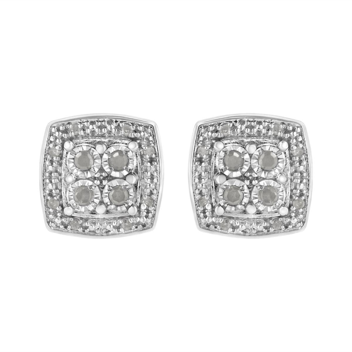 Pendientes de botón de plata de ley 925 con diseño cuadrado de diamantes de talla redonda de 0,25 ct. y milgrain (color I-J, claridad I3)