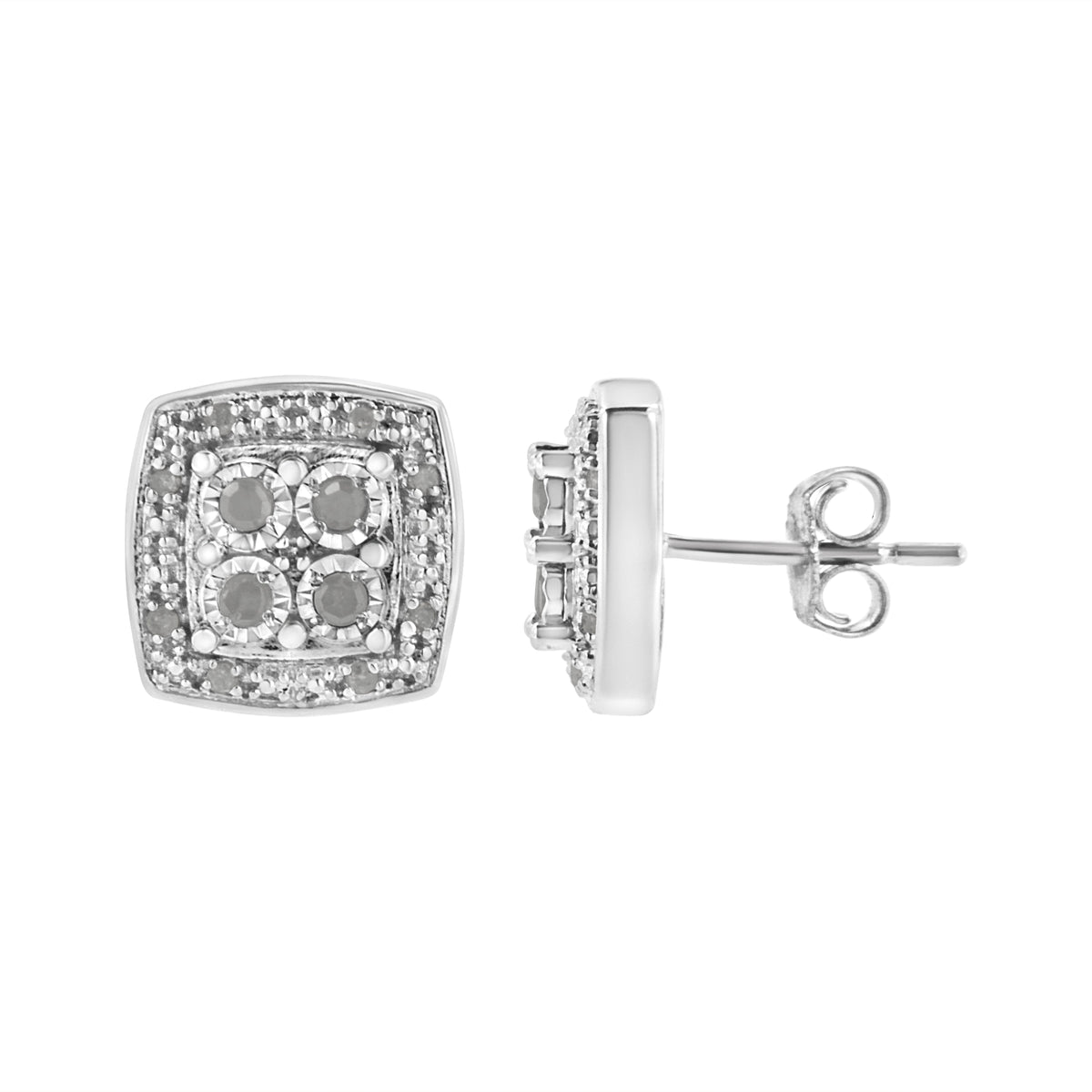 Pendientes de botón de plata de ley 925 con diseño cuadrado de diamantes de talla redonda de 0,25 ct. y milgrain (color I-J, claridad I3)