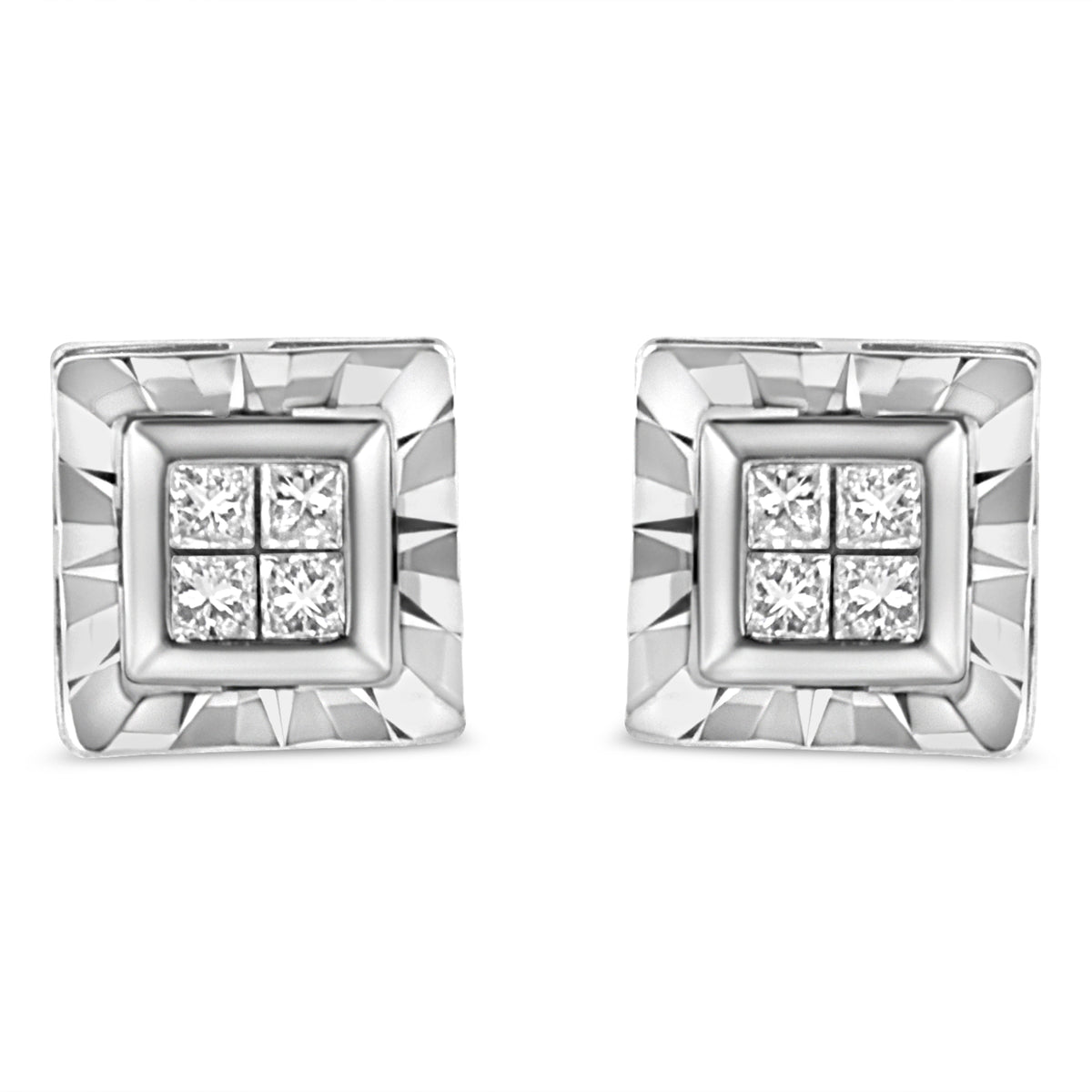 Pendientes de plata de ley .925 con 1/6 quilates de diamantes invisibles con corte de princesa y montura de cuatro (Color H-I, Claridad I1-I2)